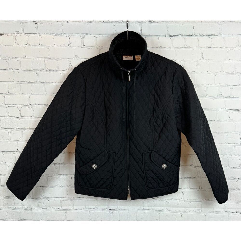 CHICO'S black quilted full zipper collared jacket blazer size 1 M